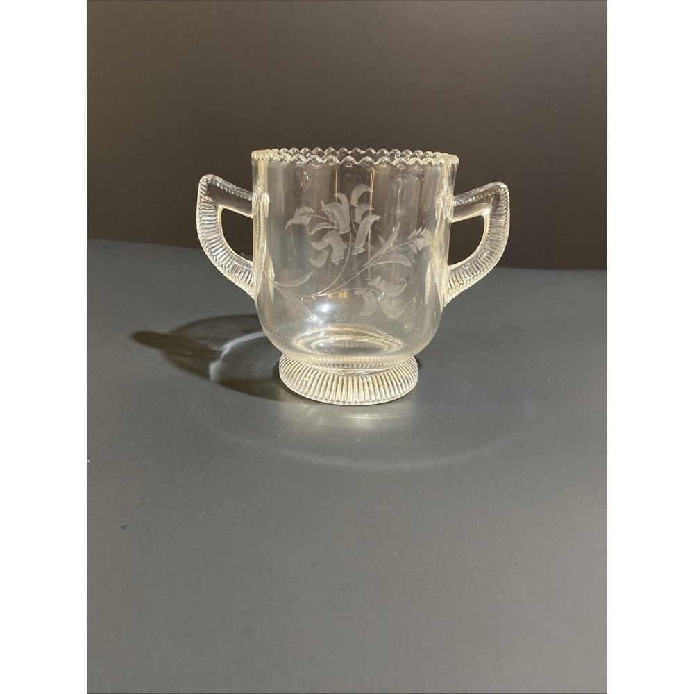 Vintage Greentown Clear Pleat‎ Band Pattern Two Handled Spooner Etched Leaf RARE